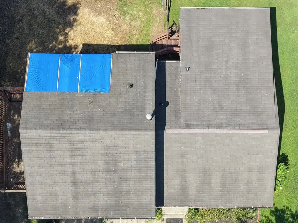 Drone view straight down on a worn gray three-tab roof with a blue tarp over one rear section