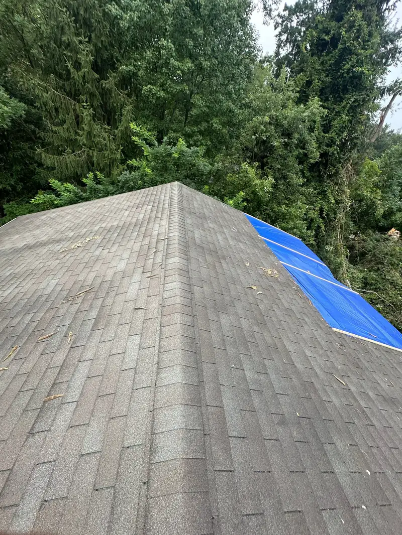 Gray shingle ridge with chalk marks and scattered twigs, beside a blue tarp secured over the right roof slope