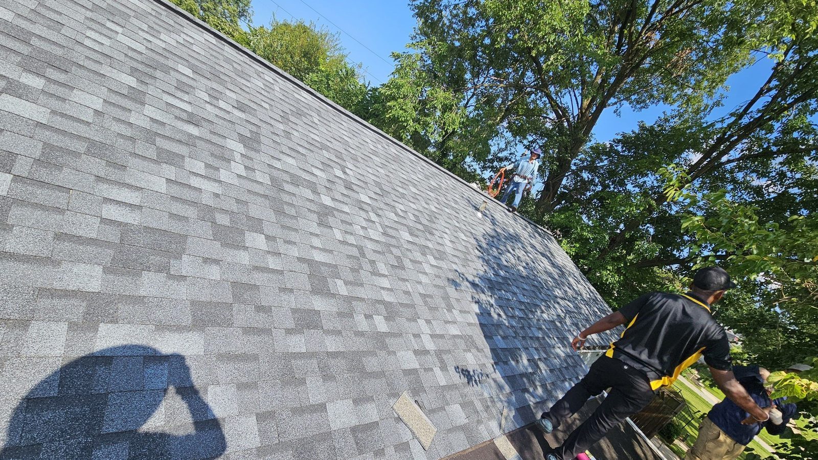 A freshly laid field of light-gray architectural shingles running up a large slope in warm evening light
