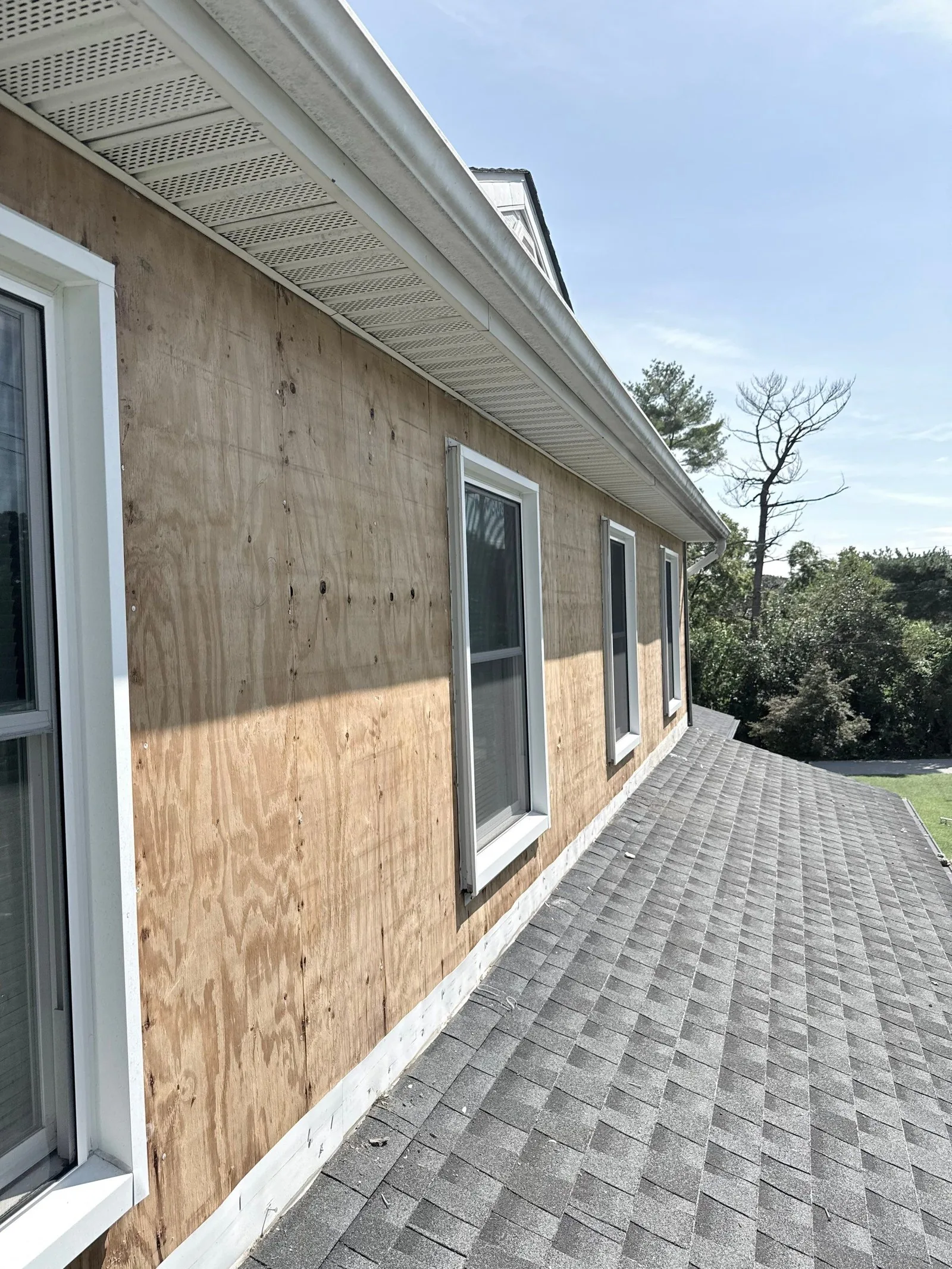 The same wall after the siding and shutters were removed, exposing the plywood sheathing around the windows